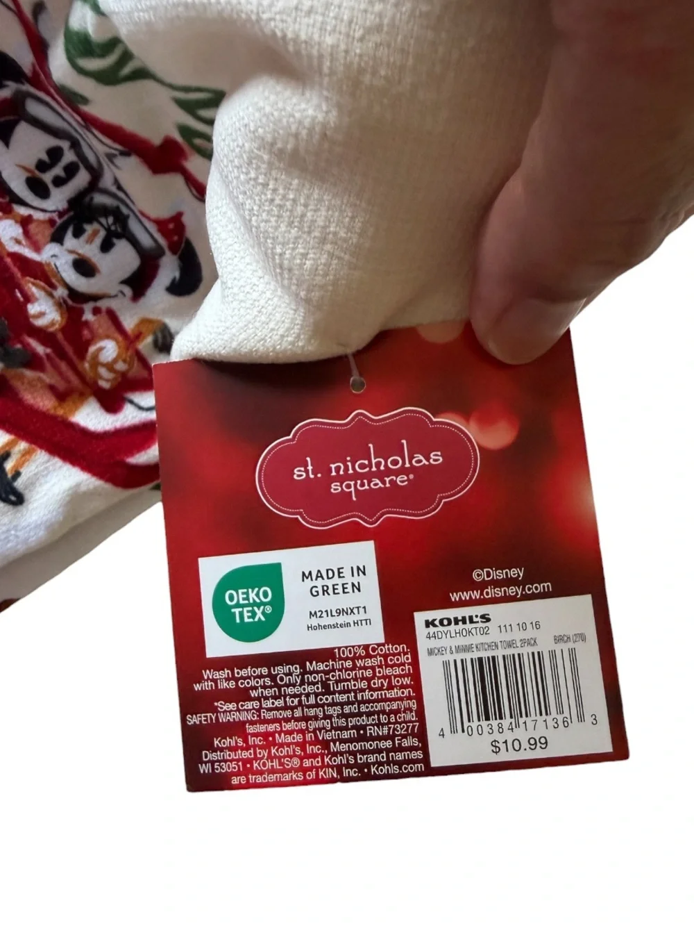 Set of Two Disney White Holiday Kitchen Towel with Red & Green Mickey Graphic